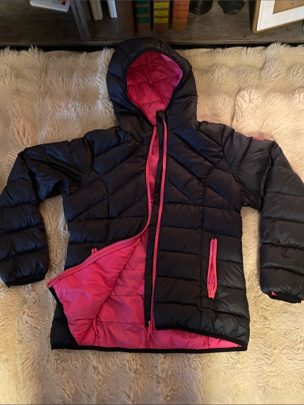 Weatherproof Girls Black Puffer Jacket with Pink Lining